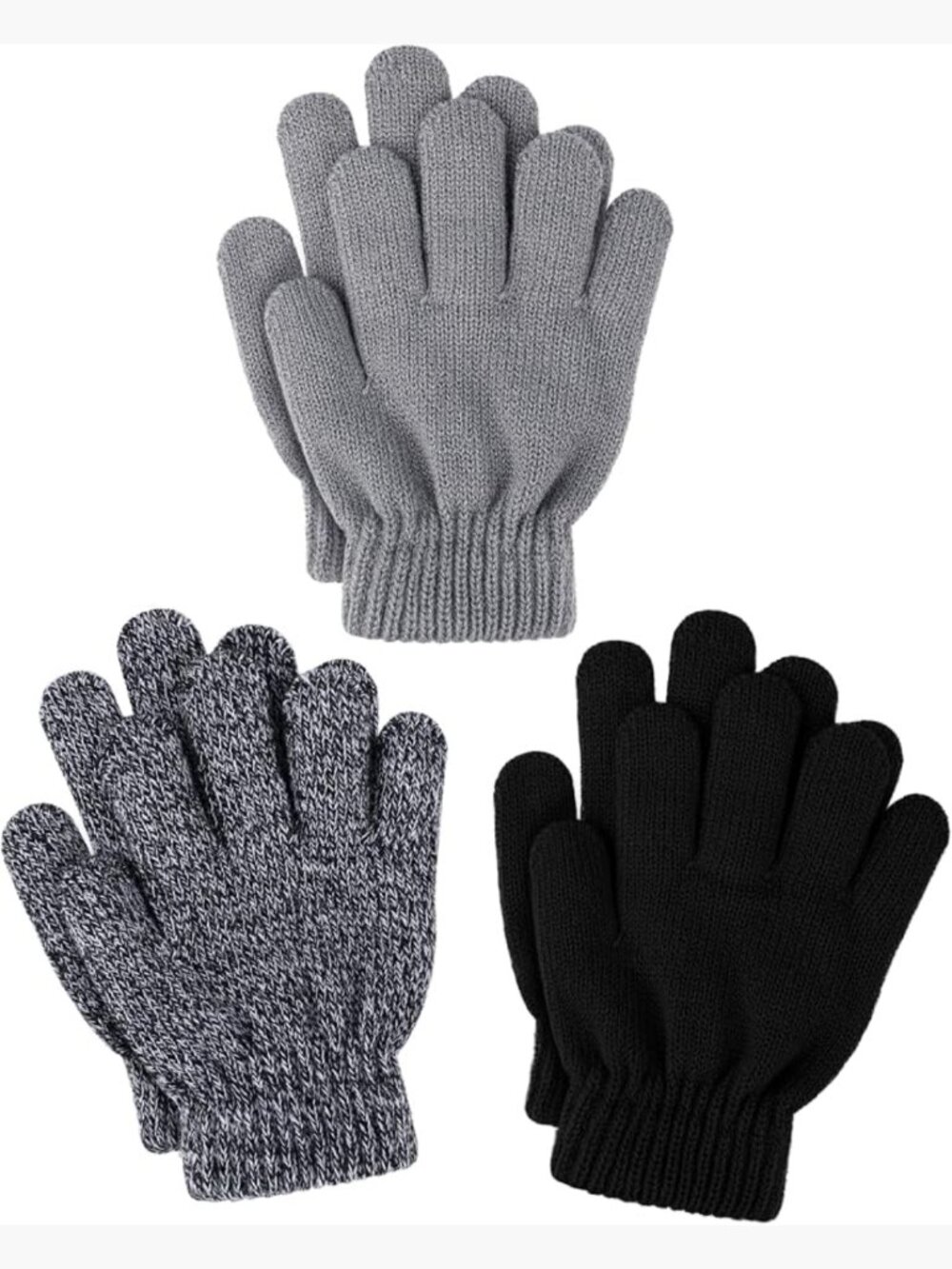 3 Pairs Kids Winter Gloves Thick Knit Stretchy Warm Gloves Boys Girls 4-14 Years